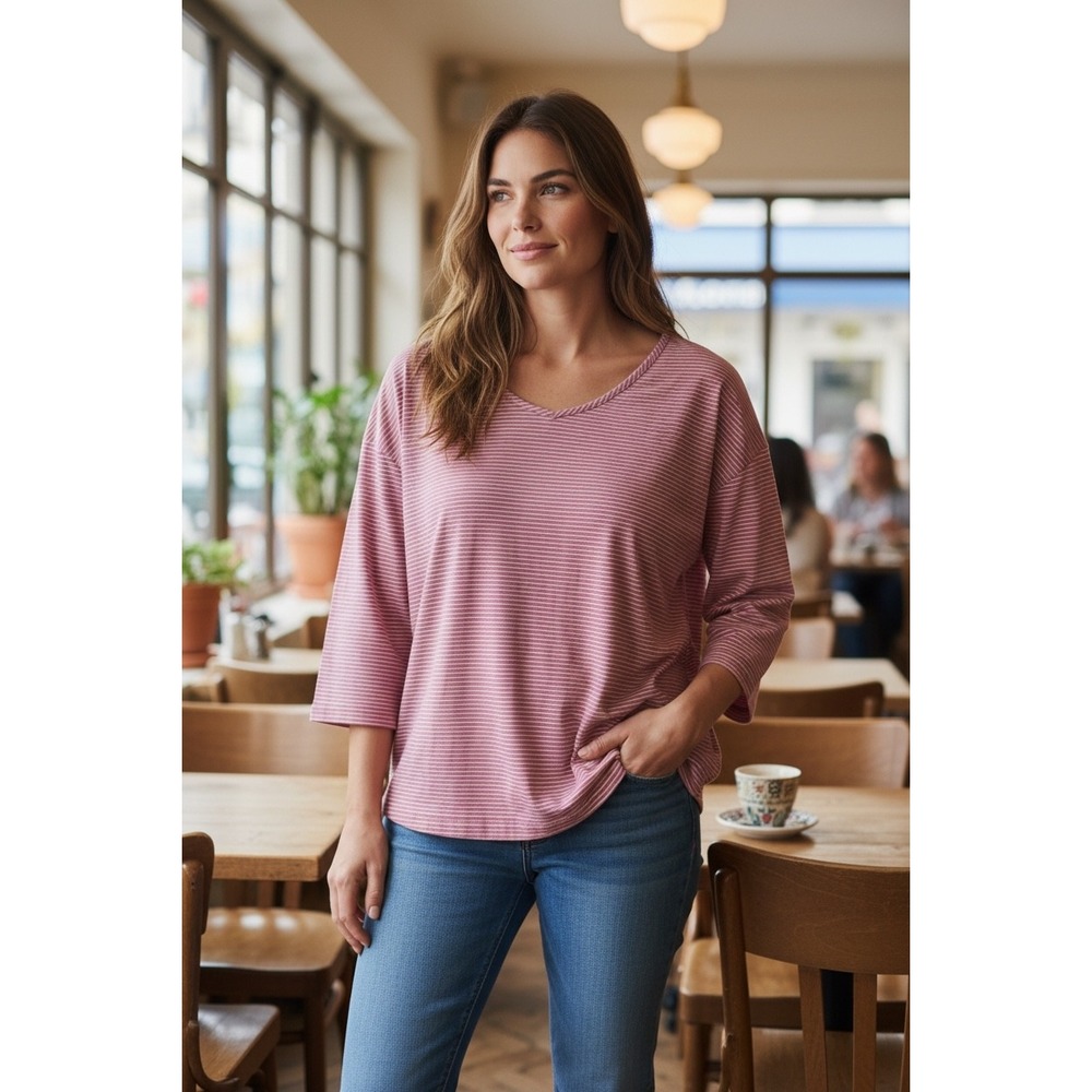 Lands End‎ Striped V Neck 3/4 Sleeve Relaxed Fit Top Women XL P Lavender White